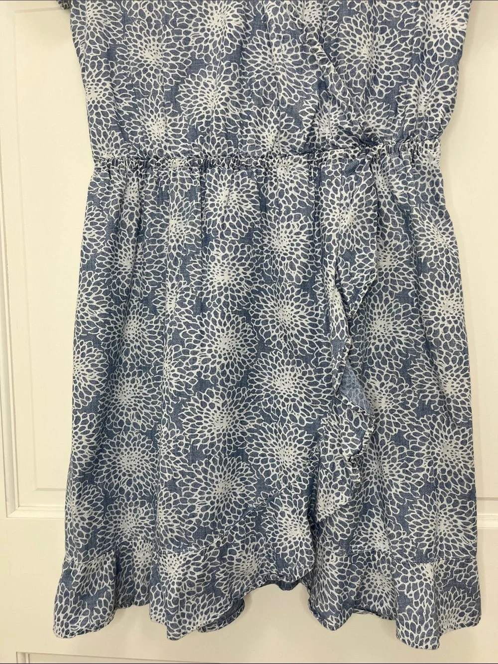 J. Crew Light Blue Denim Floral Printed Faux Wrap Mini Dress - Size Small